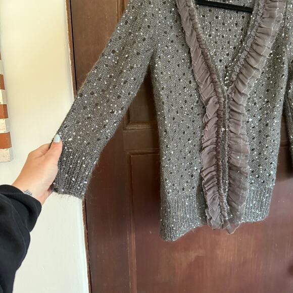 PROJECT ALABAMA | Gray Lightweight Sequin Ruffle Trim Open Knit Cardigan | Small - Picture 4 of 6